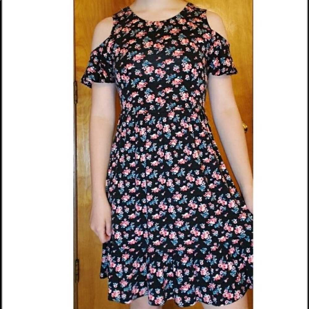 JUSTICE cold shoulder black floral dress
